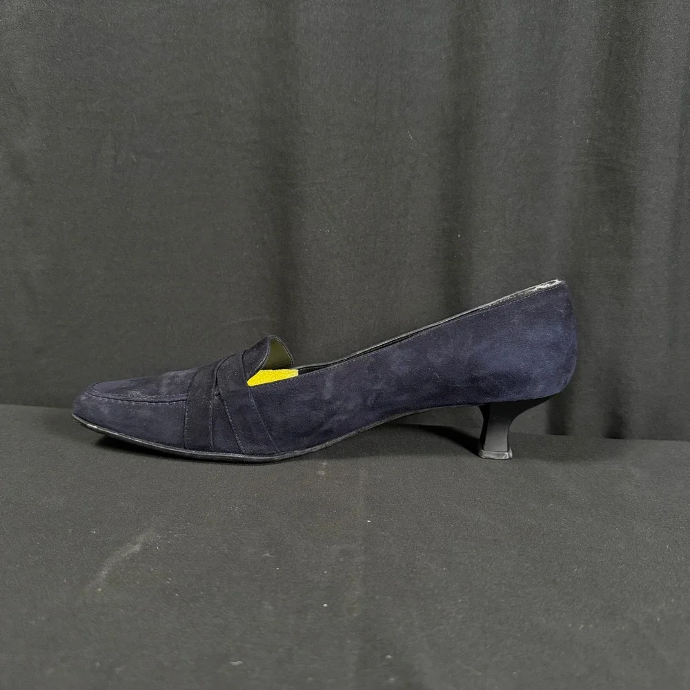 Vintage 90s Stuart Weitzman Navy Suede Square Toe Kitten Heel Loafer Pumps 8.5